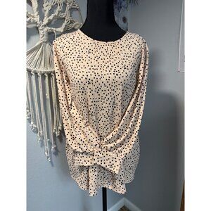 Adrianna Papell Medium Print Knit Pleated Trapeze Top Champagne & Black Polka Do